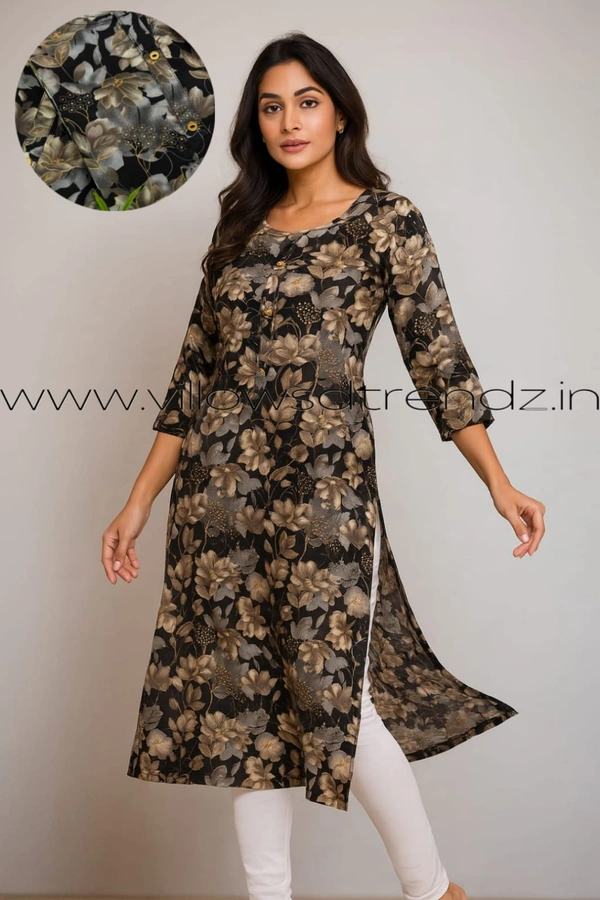 Aarvija Rayon Kurta| Side cut| 3/4 Sleeve| Black | LI193005 - L, Black