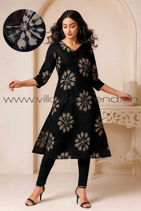 Twill Blue Rayon Kurta| Side cut| 3/4 Sleeve| Black |LI1930051 - XL, Black