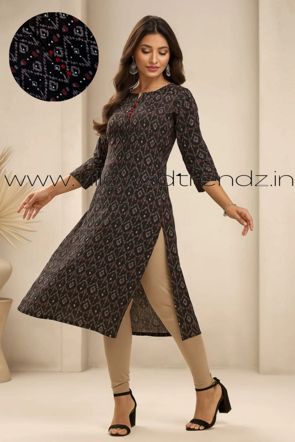 Twill Blue Rayon Kurta| Side cut| 3/4 Sleeve| Black | LI1930066 - XL, Black