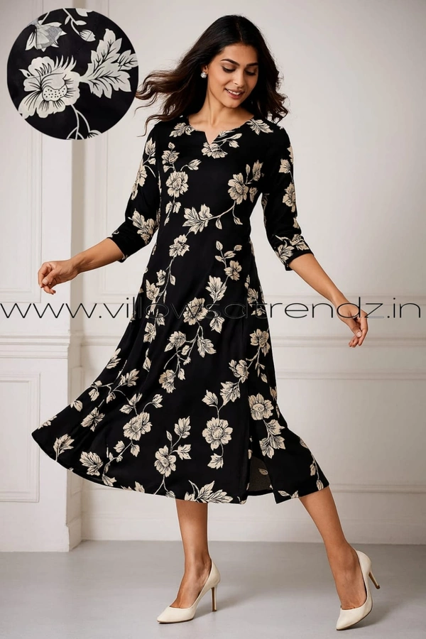 Twill Blue Rayon Kurta| Side cut| 3/4 Sleeve| Black | LI19502 - S, Black