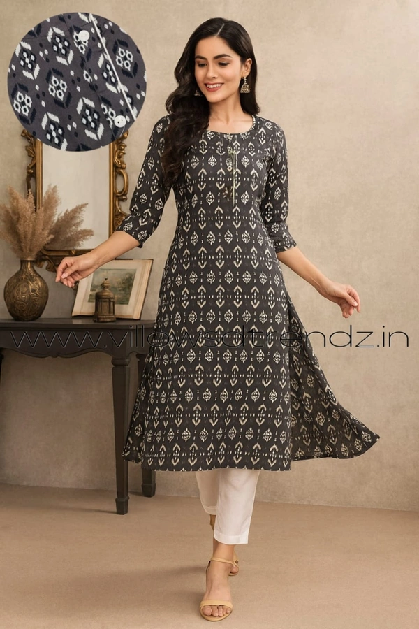 Twill Blue Rayon Kurta| Side cut| 3/4 Sleeve| Black | LI210081 - S, Black