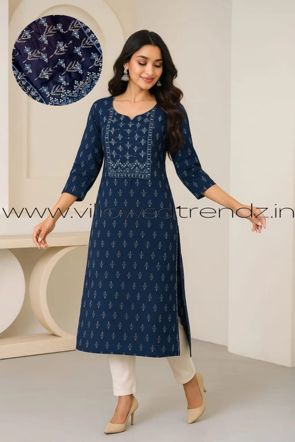 Twill Blue Rayon Kurta| Side cut| 3/4 Sleeve| Blue | LI22001 - L, Blue