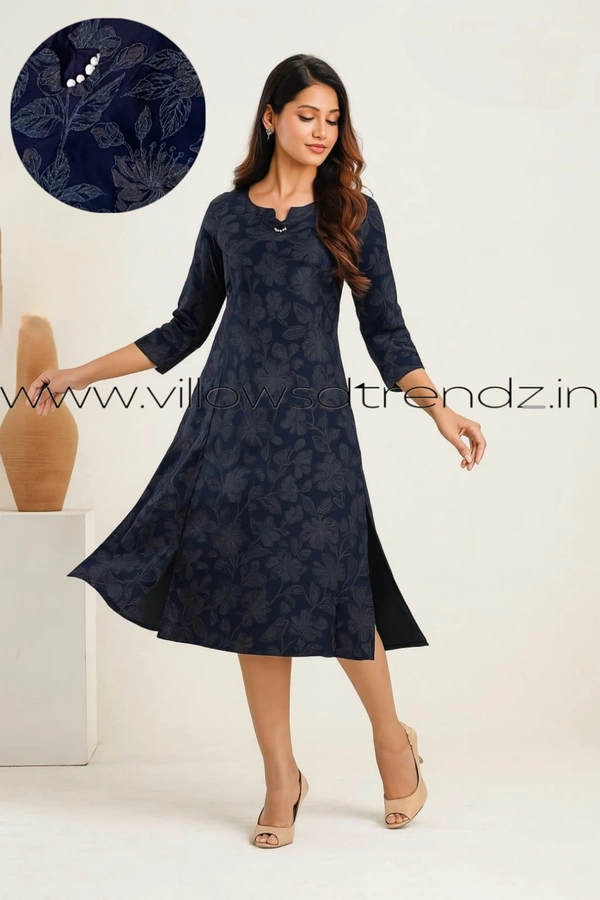 Twill Blue Rayon Kurta| Side cut| 3/4 Sleeve| Dark Blue | LI1930067 - M, Dark Blue