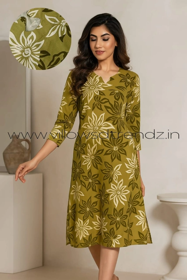 Twill Blue Rayon Kurta| Side cut| 3/4 Sleeve|  Green| LI1930058 - M, Green