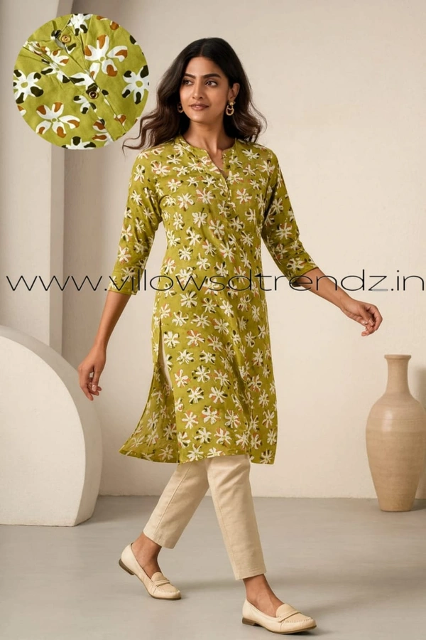 Twill Blue Rayon Kurta| Side cut| 3/4 Sleeve| Green| LI195096 - M, Green