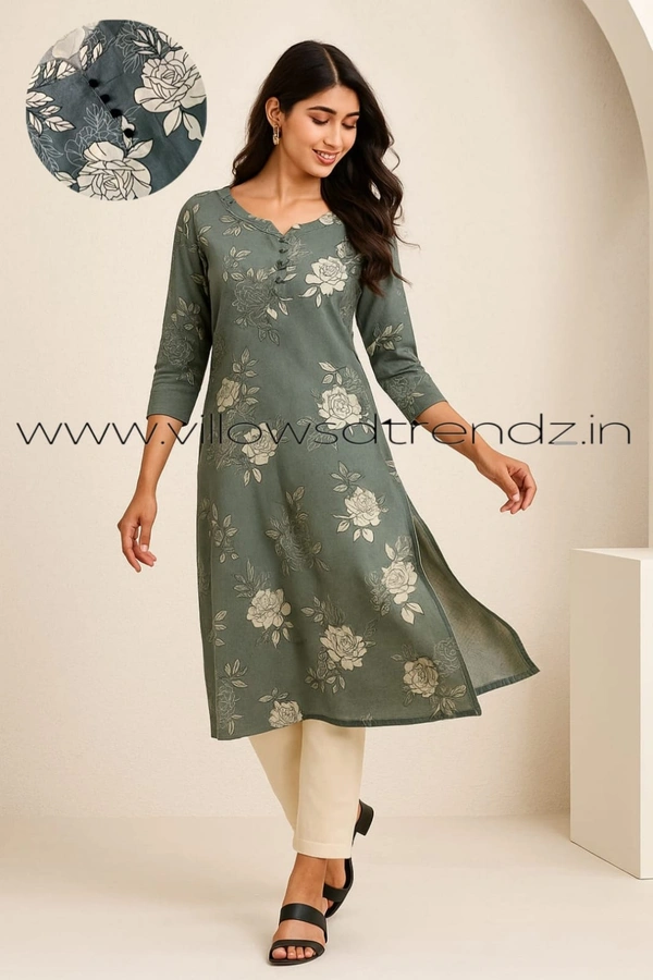 Twill Blue Rayon Kurta| Side cut| 3/4 Sleeve| Grey | LI193026 - M