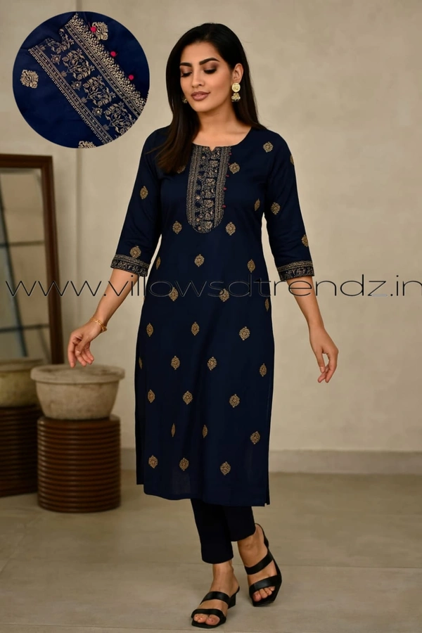 Twill Blue Rayon Kurta| Side cut| 3/4 Sleeve| Ink Blue| LI22006 - S, Ink blue