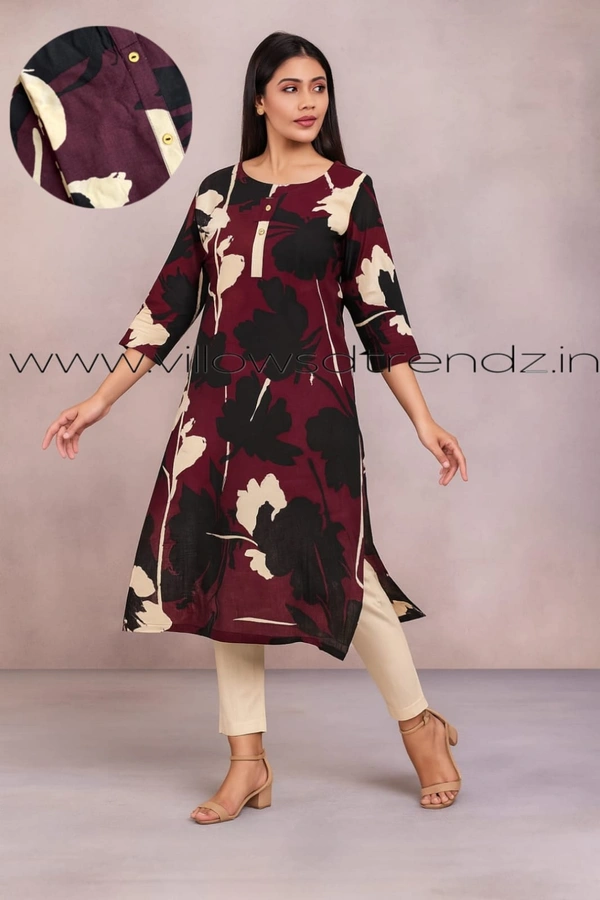 Aarvija Rayon Kurta| Side cut| 3/4 Sleeve| Maroon | LI193007 - M, Maroon