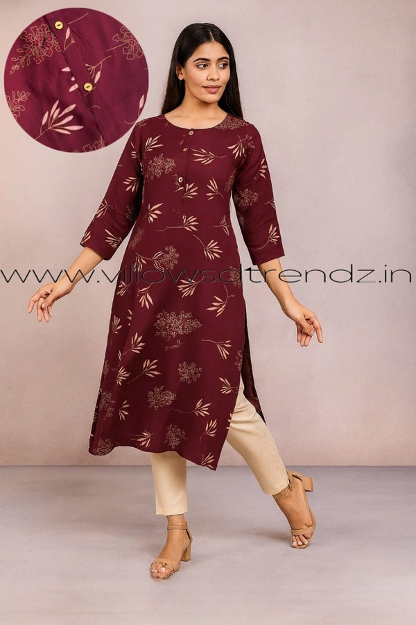 Aarvija Rayon Kurta| Side cut| 3/4 Sleeve| Maroon | LI193008 - XL, Maroon