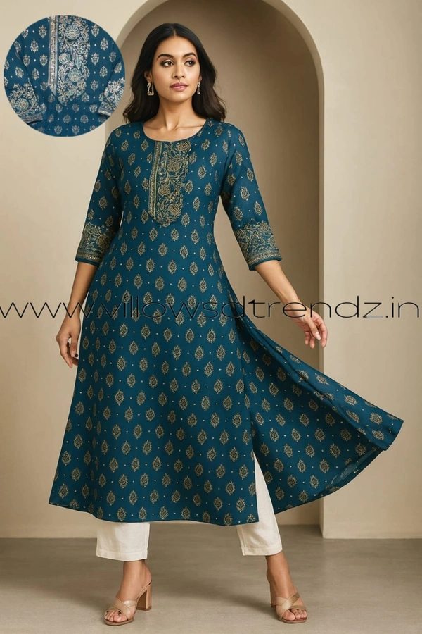 Twill Blue Rayon Kurta| Side cut| 3/4 Sleeve| Peacock Blue | LI22001 - S, Peacock Blue