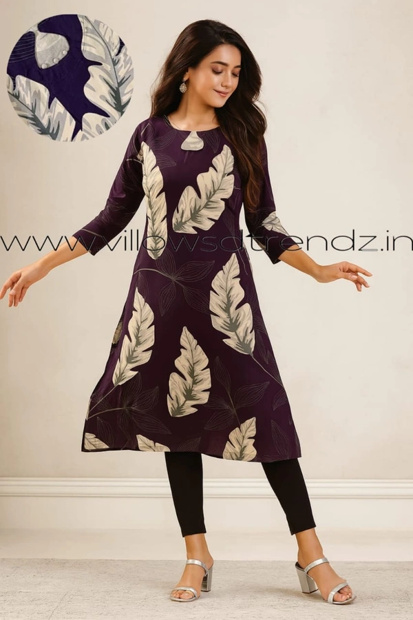 Twill Blue Rayon Kurta| Side cut| 3/4 Sleeve| Purple | LI195031 - XL, Purple