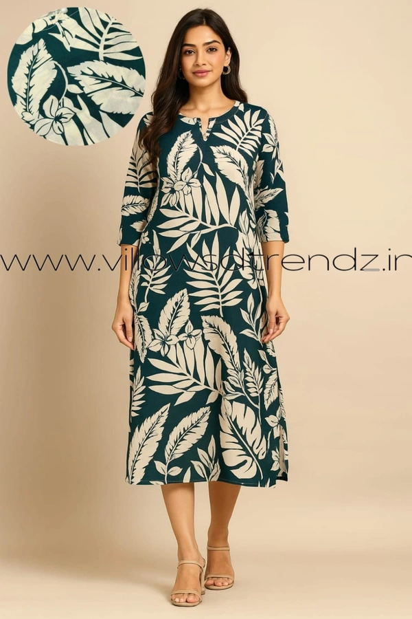Twill Blue Rayon Kurta| Side cut| 3/4 Sleeve| Rama green| AV240070 - M, Rama green