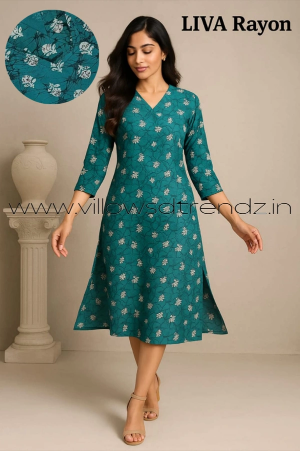 Twill Blue Rayon Kurta| Side cut| 3/4 Sleeve| Rama green | L11930023 - XL