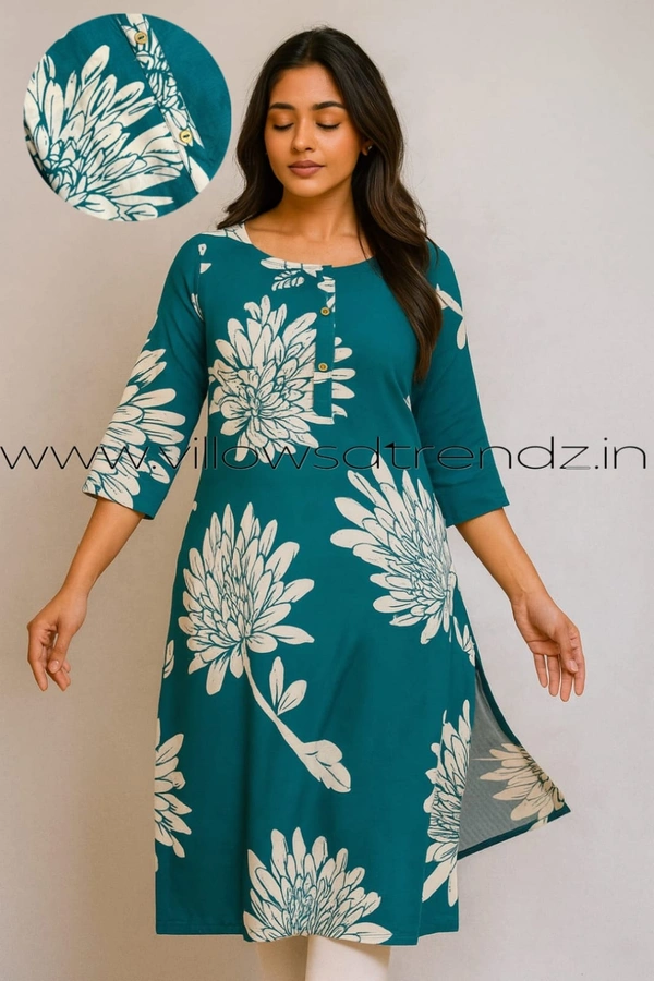 Aarvija Rayon Kurta| Side cut| 3/4 Sleeve| Rama Green | LI193002 - 2XL, Rama Green