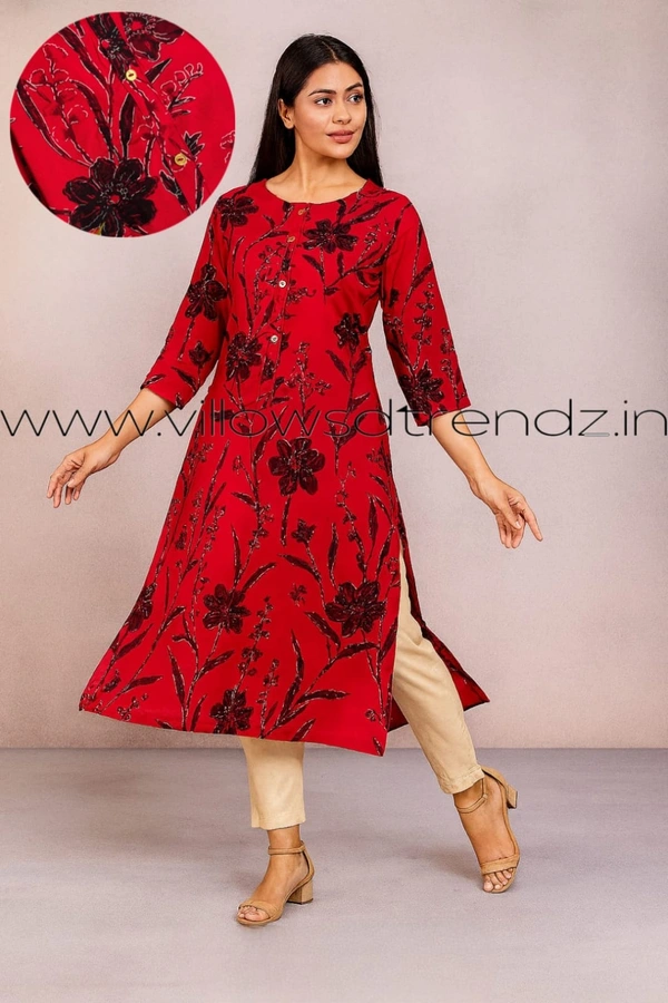 Aarvija Rayon Kurta| Side cut| 3/4 Sleeve| Red | LI193009 - XL, Red
