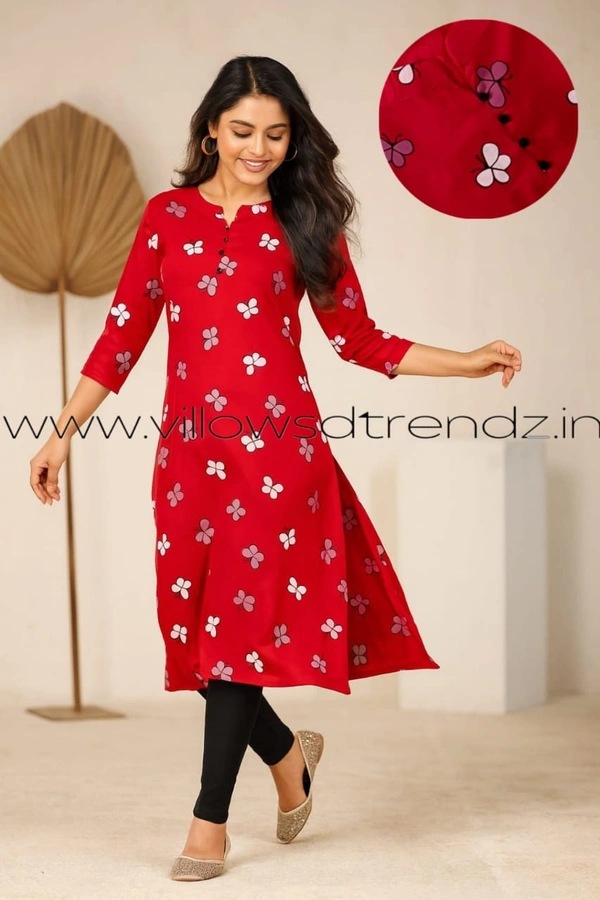 Twill Blue Rayon Kurta| Side cut| 3/4 Sleeve| Red | LI195092 - S, Red
