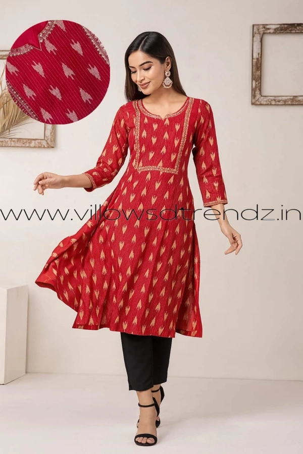 Twill Blue Rayon Kurta| Side cut| 3/4 Sleeve| Red | LI22008 - L, Red