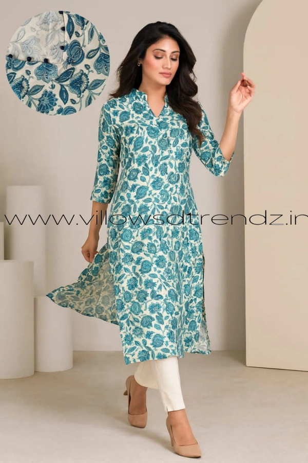 Twill Blue Rayon Kurta| Side cut| 3/4 Sleeve| Sky Blue | LI195090 - M, Sky Blue