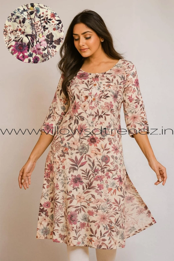 Aarvija Rayon Kurta| Side cut| 3/4 Sleeve| White With florel | LI193003 - M, White With florel