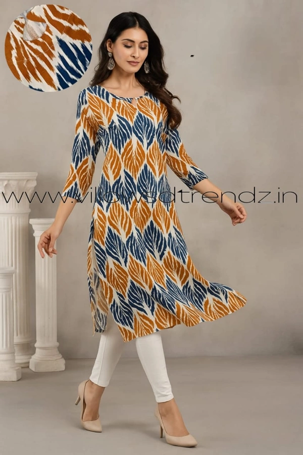 Twill Blue Rayon Kurta| Side cut| 3/4 Sleeve|  White With Leaf Design| LI1930057 - L, White With Leaf Design