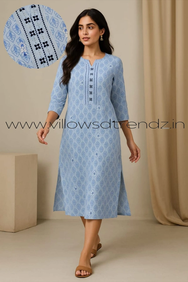 Twill Blue Rayon Kurta| Side cut| 3/4 Sleeve|Blue | L11930015 - M