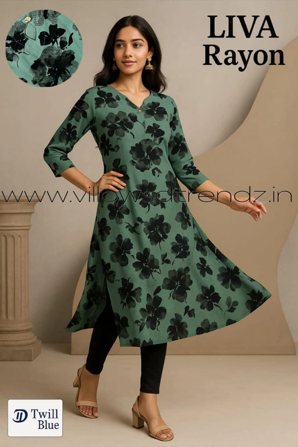 Twill Blue Rayon Kurta| Side cut| 3/4 Sleeve|Green | L11930024 - XL