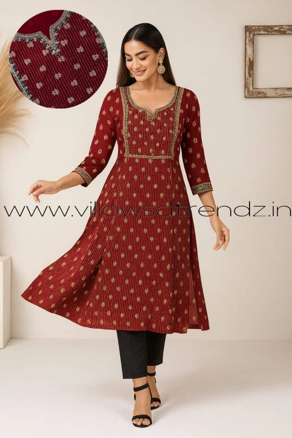 Twill Blue Rayon Kurta| Side cut| 3/4 Sleeve|Maroon| FL22001 - S, Maroon