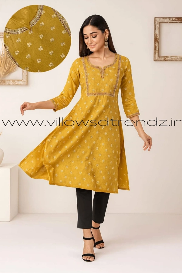 Twill Blue Rayon Kurta| Side cut| 3/4 Sleeve|Mustered Yellow | FL22005 - XL, Musterd Yellow