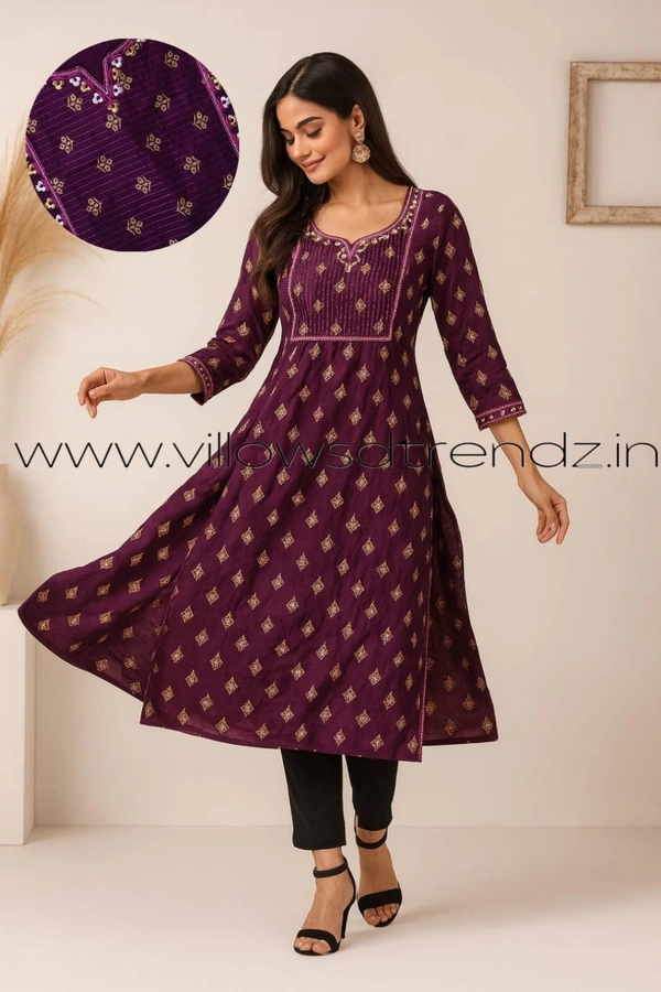 Twill Blue Rayon Kurta| Side cut| 3/4 Sleeve|Plum | FL22003 - L, Plum