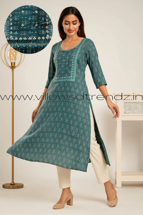 Twill Blue Rayon Kurta| Side cut| 3/4 Sleeve|Rama Green| FL22006 - S, Rama Green