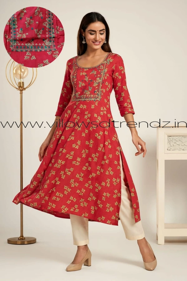 Twill Blue Rayon Kurta| Side cut| 3/4 Sleeve|Red | FL22008 - S, Red