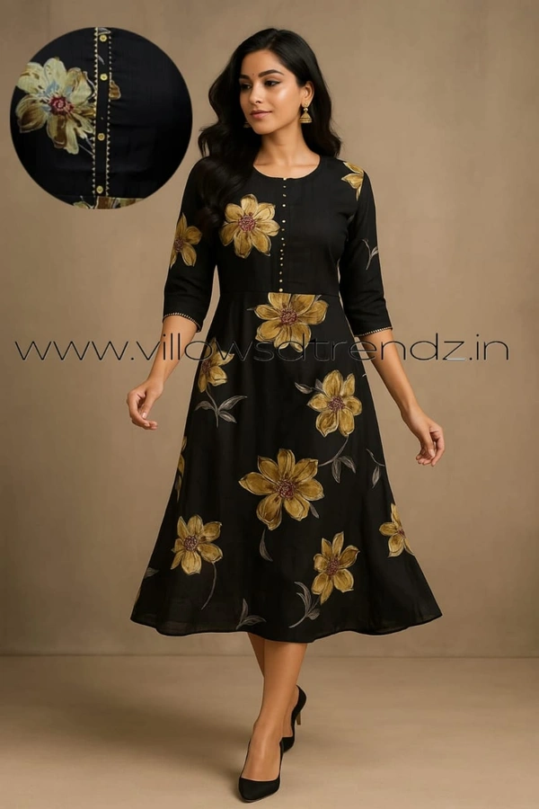 Twill Blue Rayon Umberlla Kurti | M | Black |UM29007 - M, Black