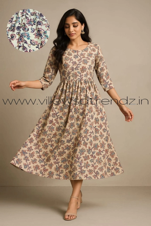Twill Blue Rayon Umberlla Kurti | M |Half White with Florel|UM826 - M, Half White with Florel