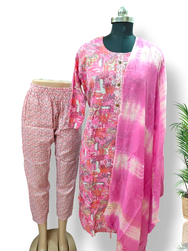 Twill Blue Round Neck  Kurti With Phant& Duppata  KS4001 - Pink, L
