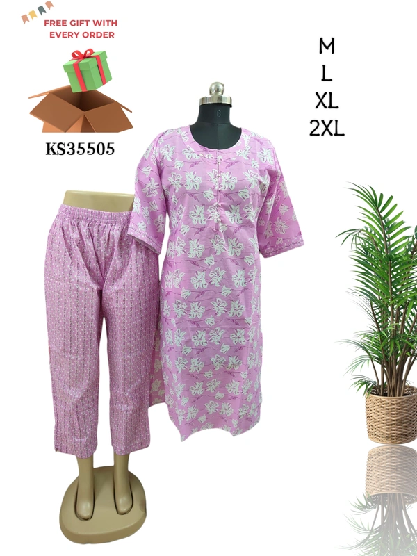 Twill Blue Round Neck Kurti  With Phant KS35505 - L, Lavender