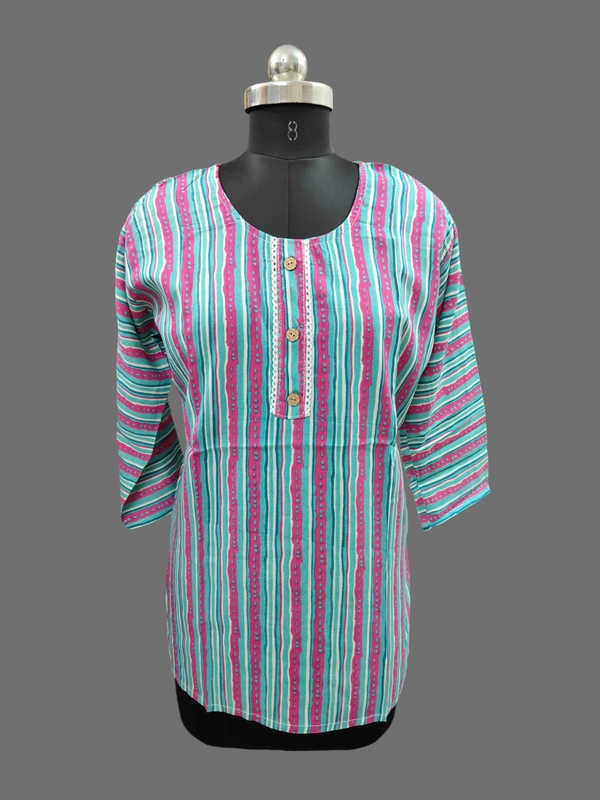 Round Neck Lined Short Kurti SK1373 - Sky Blue With pink, 2XL