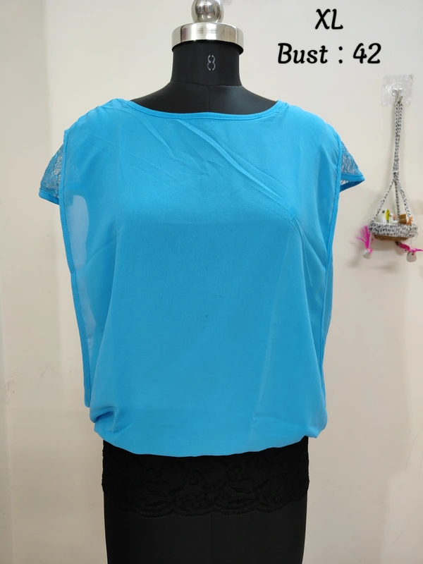 VDT Round Neck Netted Sleeve Top - Sky Blue, XL