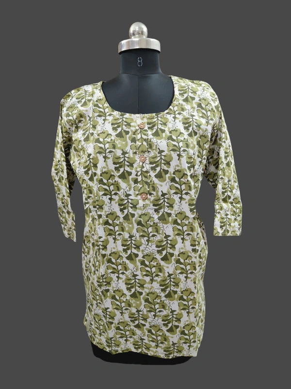 Round Neck With Florel Short Kurti SK1372 - Olive Green, L
