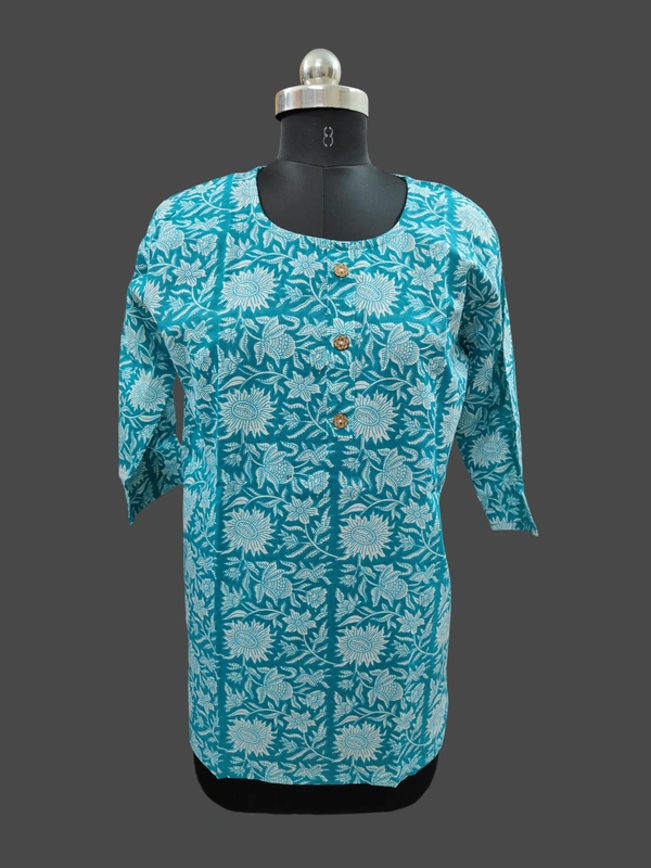 Round Neck With Florel Short Kurti SK1374 - Turquoise Blue, XL
