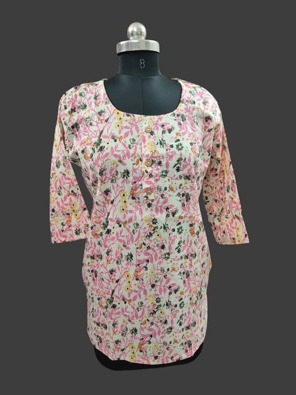 Round Neck With Florel Short Kurti SK1376 - Pink florel, L