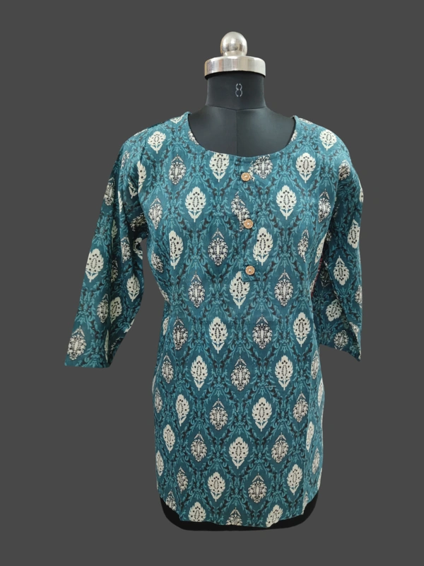 Round Neck With Florel Short Kurti SK1379 - Blue, M