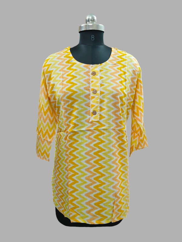 Round Neck With Zikzak Design Short Kurti SK1375 - Orange With Yellow, XL