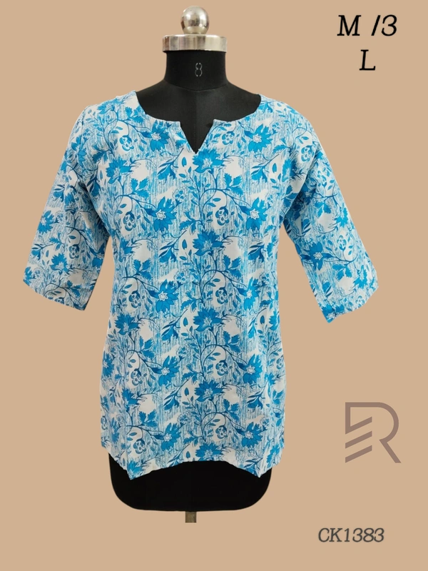 Ruthvi Ethnics Cotton Short Kurti CK1383 - L, Sky Blue
