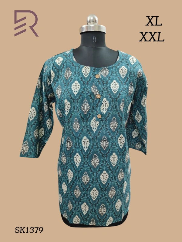 Ruthvi Ethnics Cotton Short Kurti SK1379 - 2XL, Peacock Blue