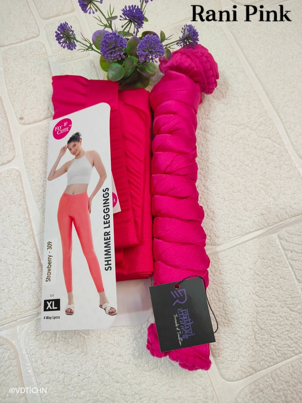 FlyCute Shimmer Ankle Fit Leggings and Shimmer Shawl Combo LS809 - Rani Pink, M