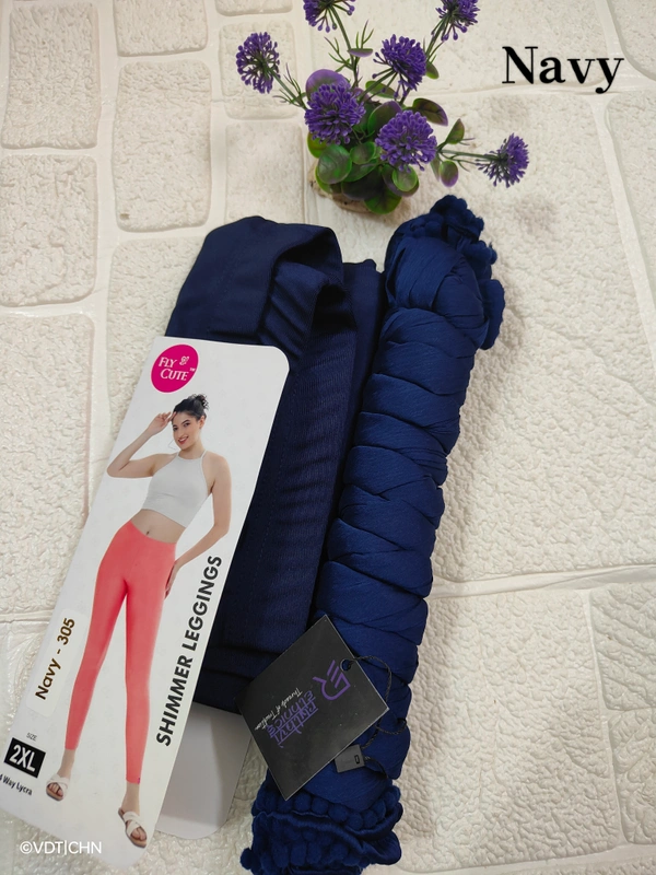 FlyCute Shimmer Ankle Fit Leggings and Shimmer Shawl Combo LS8010 - Navy Blue, XL