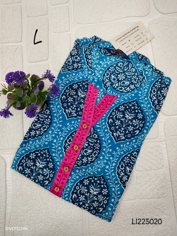 Twill Blue Side Cut Liva Kurti LI225020 - L, Blue