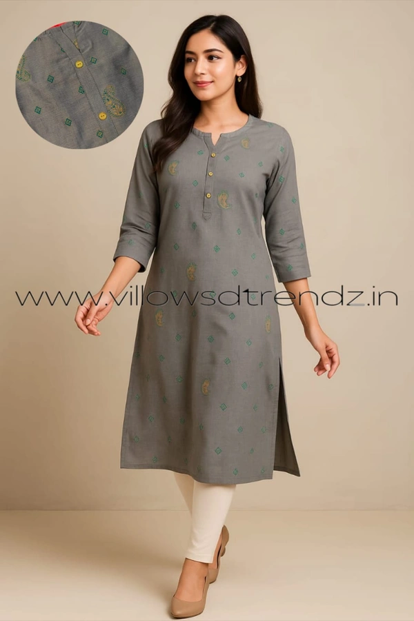 Twill Blue Silk Kurti |3/4th Sleeve | Side Cut kurti| Ash | ZR22009 - L, Ash