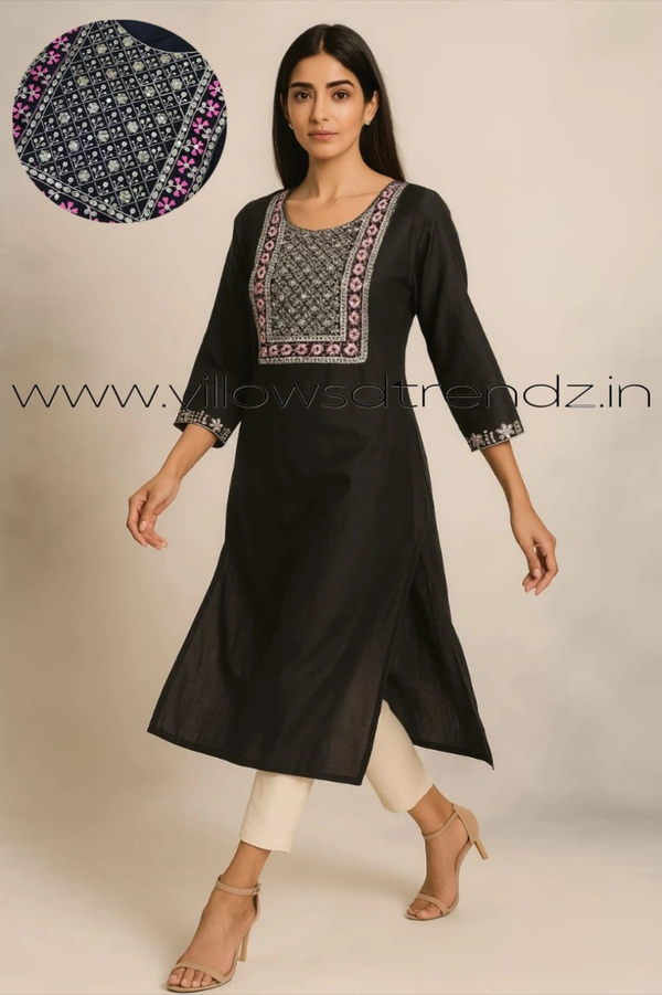 Twill Blue Silk Kurti |3/4th Sleeve | Side Cut kurti| Black | EMS9007 - M, Black