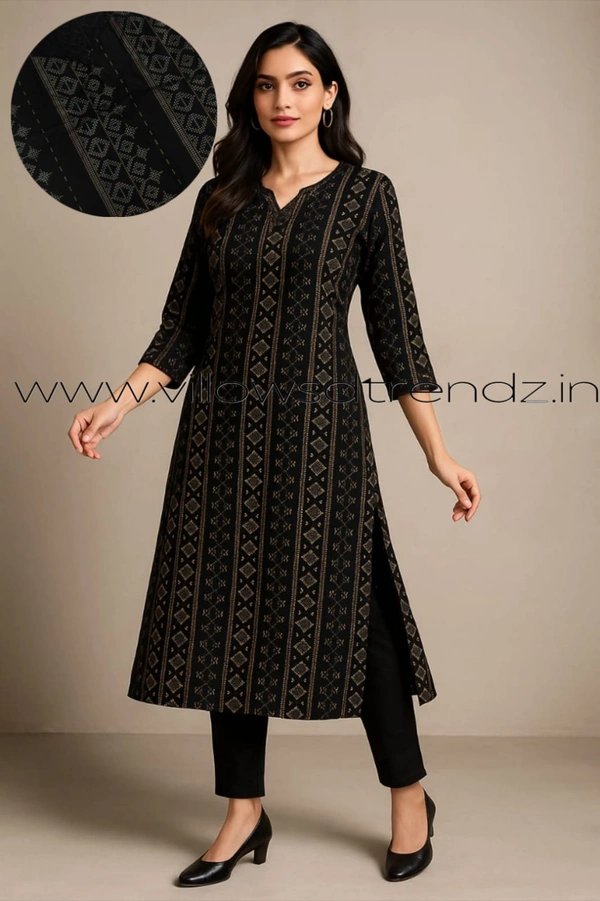 Twill Blue Silk Kurti |3/4th Sleeve | Side Cut kurti| Black | SK22003 - M, Black